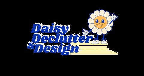 Daisy Dachshund Design logo featuring blue text with an illustrated smiling daisy flower character